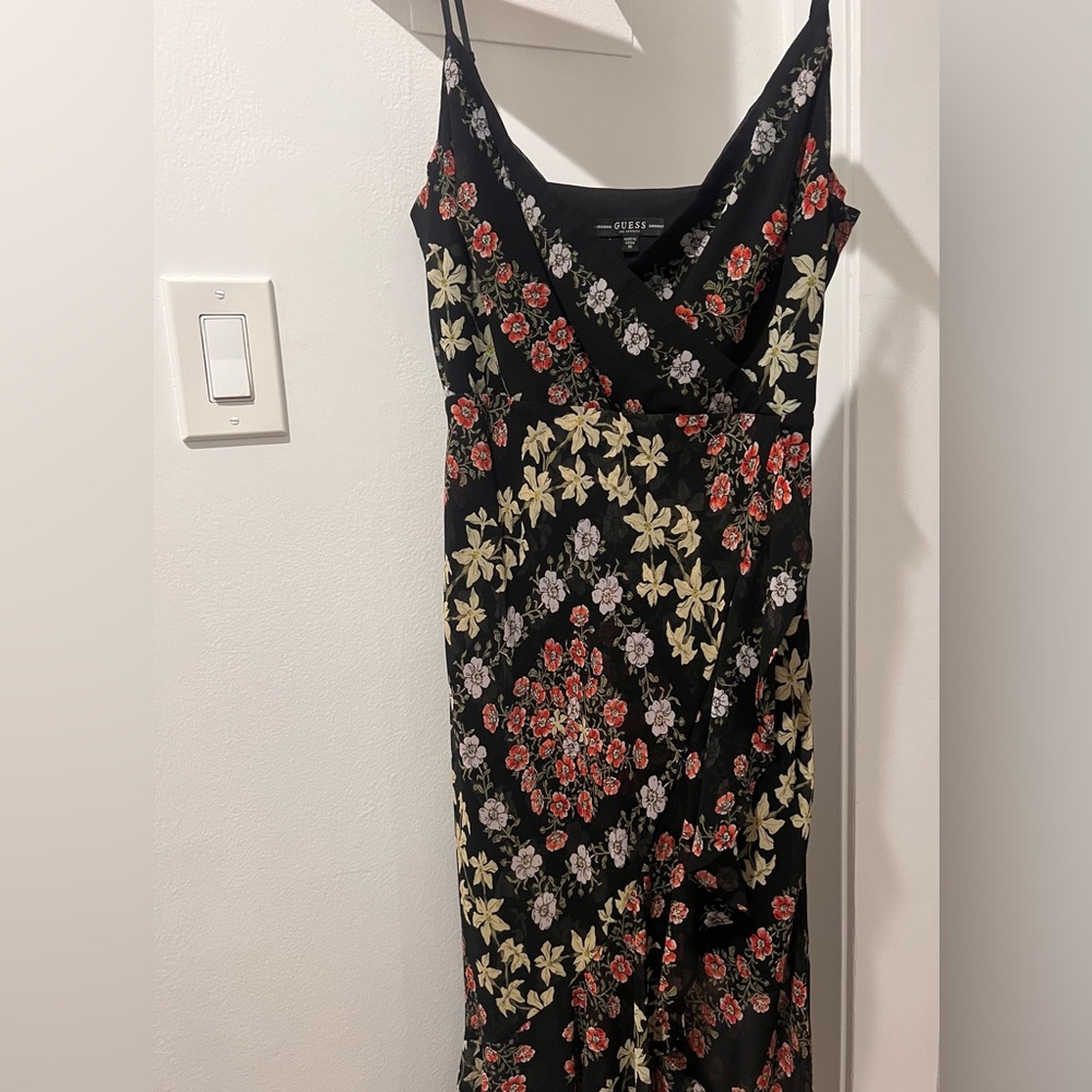 Guess Black Midi Dress with Red and Cream Floral Pattern